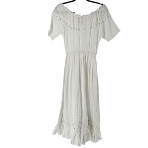 220 Hickory Maxi Dress White Off The Shoulder Turquoise Bead Size S Ruffle Crepe